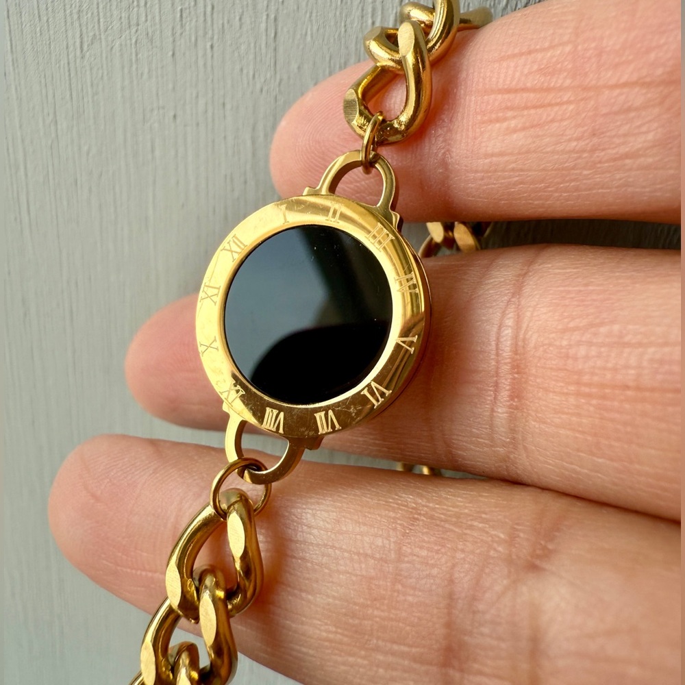 18K Gold Plated Cuban Link Bracelet with Black Enamel Medallion